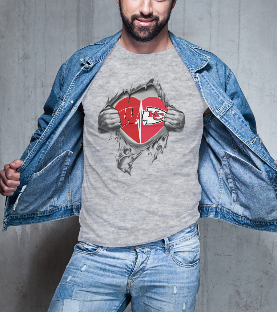 Chiefs Badgers Heart Torn Revealing Wisconsin Kansas City T-Shirt