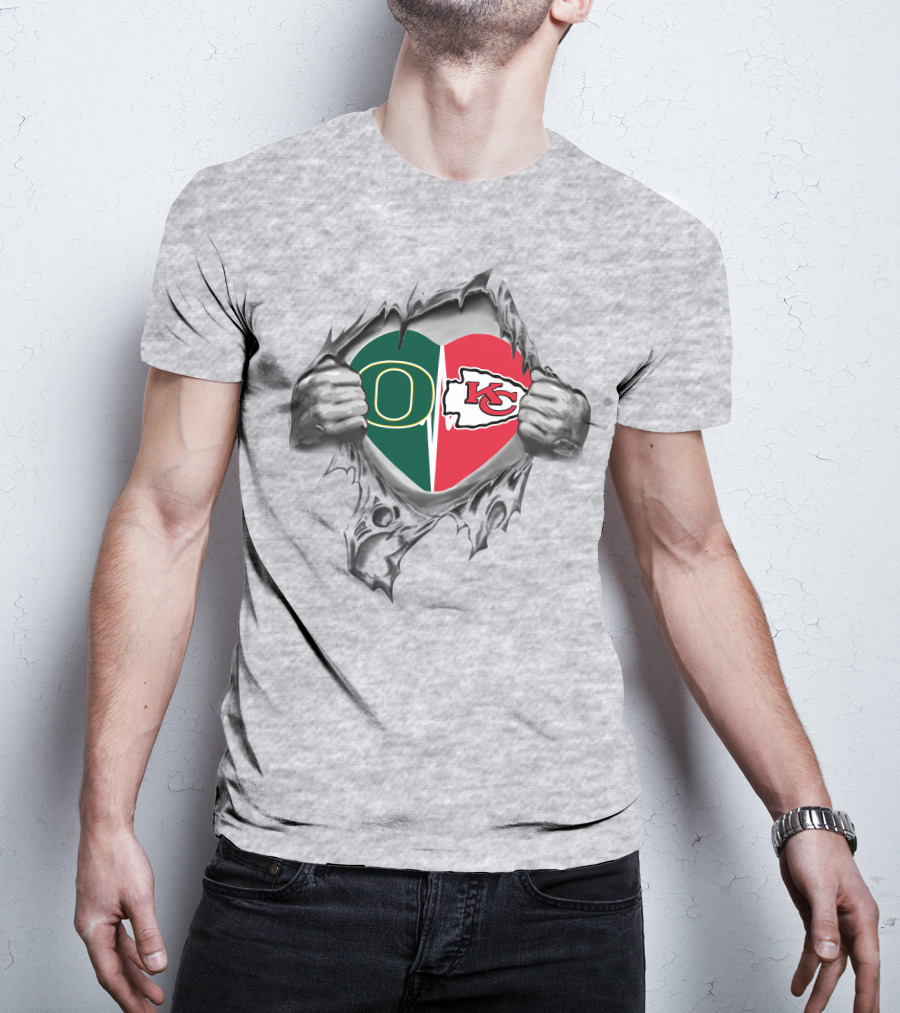 Chiefs Ducks Heart Peeking Design With Kansas City Logo And Oregon Emblem T-Shirt