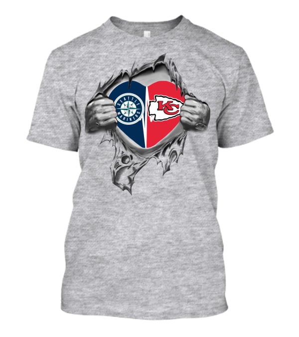 Seattle Mariners Kansas City Chiefs Heart Logos T-Shirt