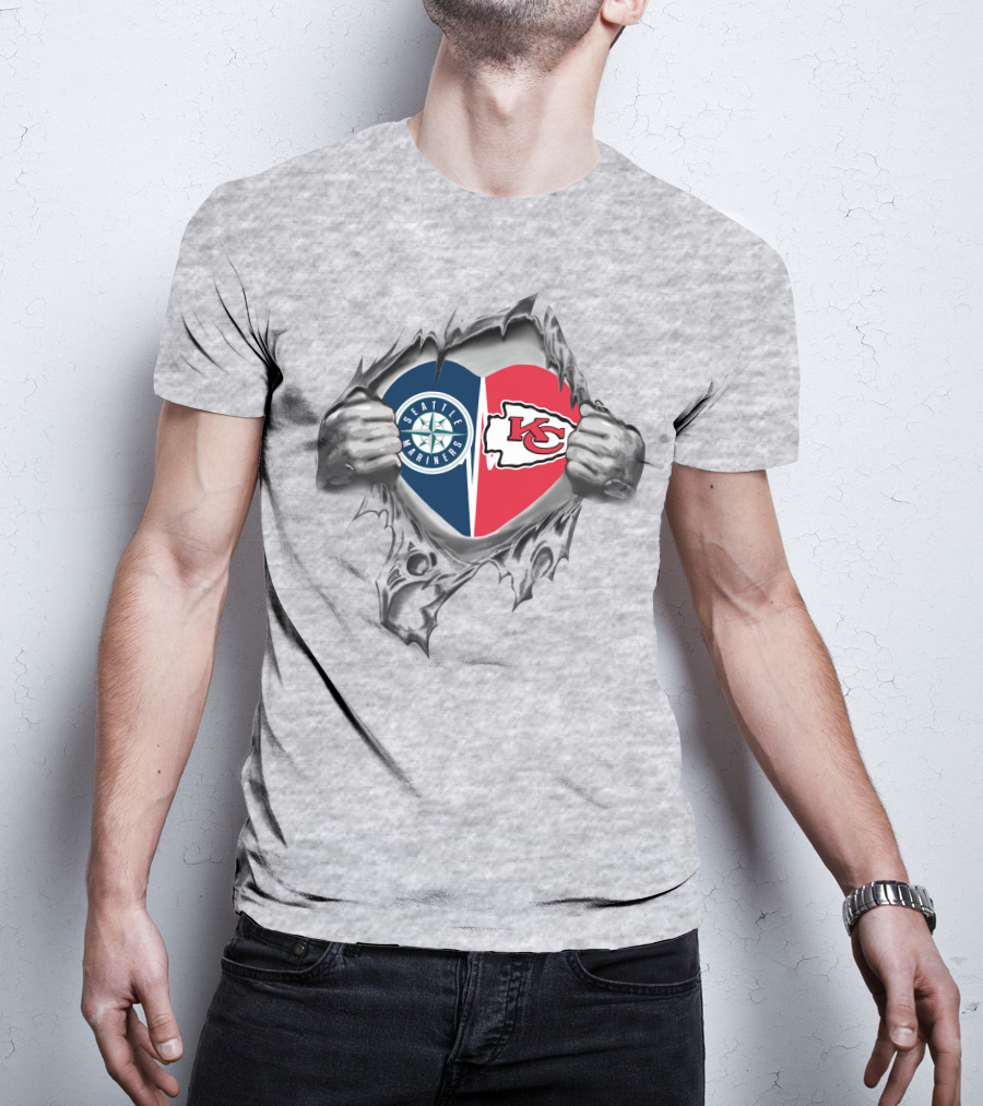 Seattle Mariners Kansas City Chiefs Heart Logos T-Shirt