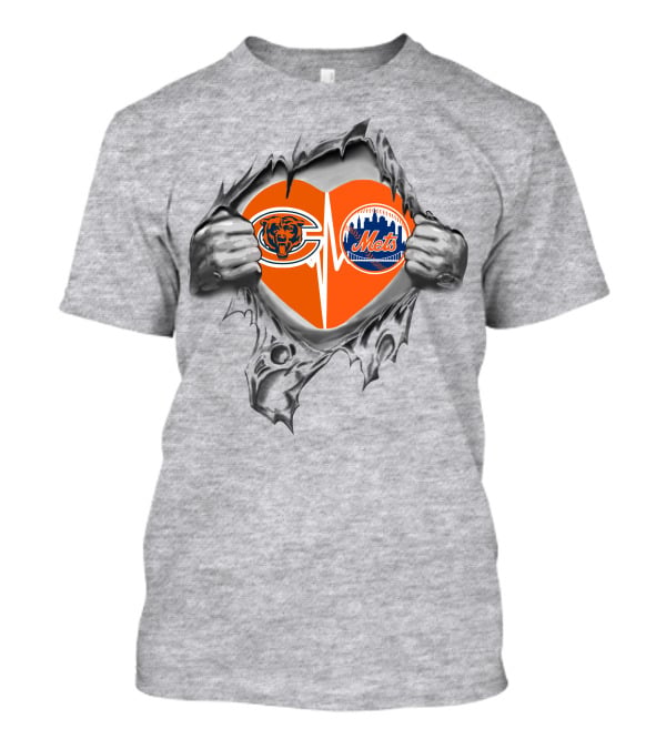 Bears Mets Heart With Logos Torn Background T-Shirt