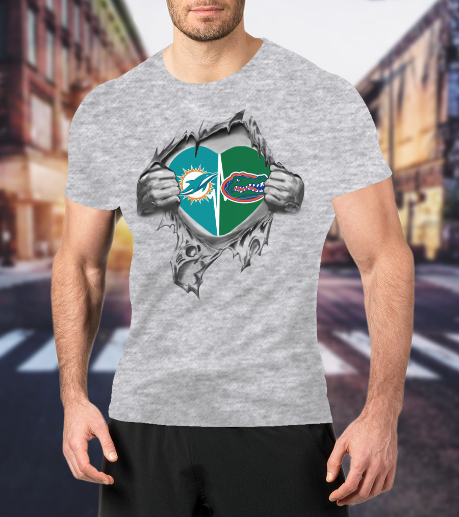 Miami Dolphins And Florida Gators Heart Logo Fan T-Shirt