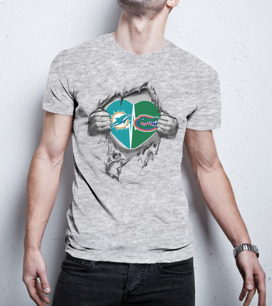 Miami Dolphins And Florida Gators Heart Logo Fan T-Shirt