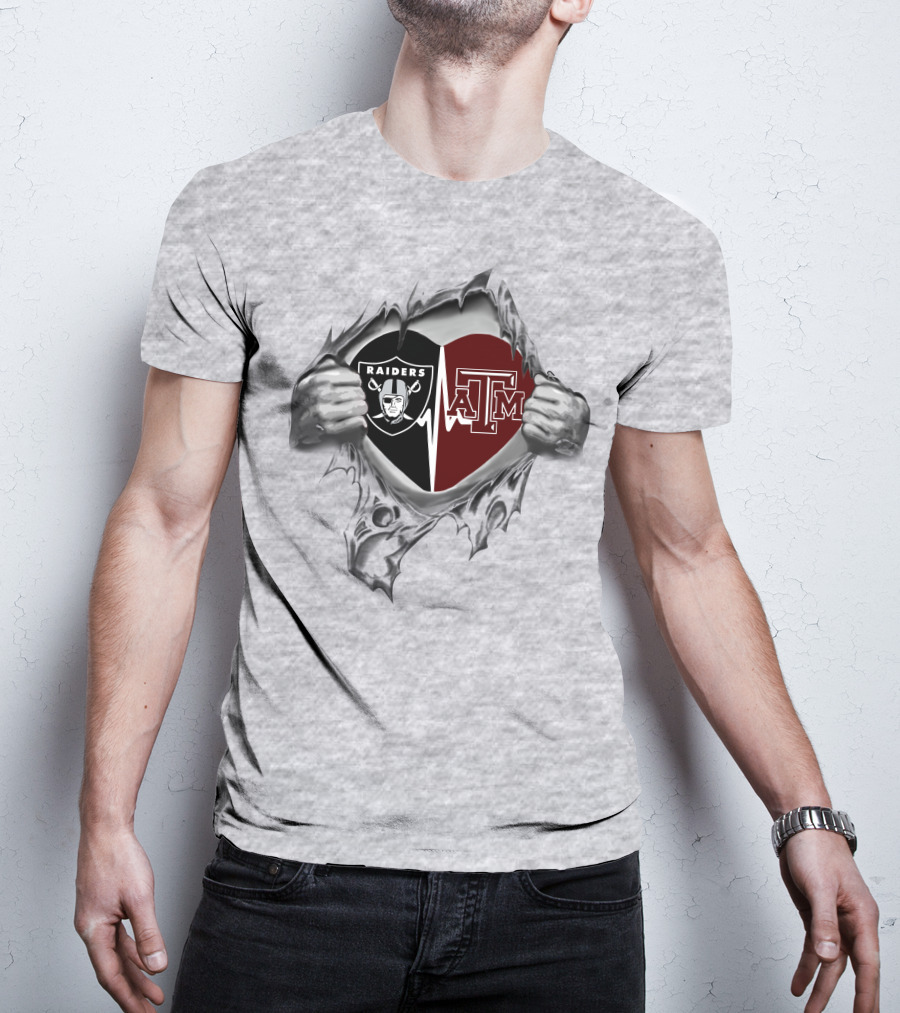 Heart Of Raiders Aggies Split With Raiders And Texas A&M T-Shirt