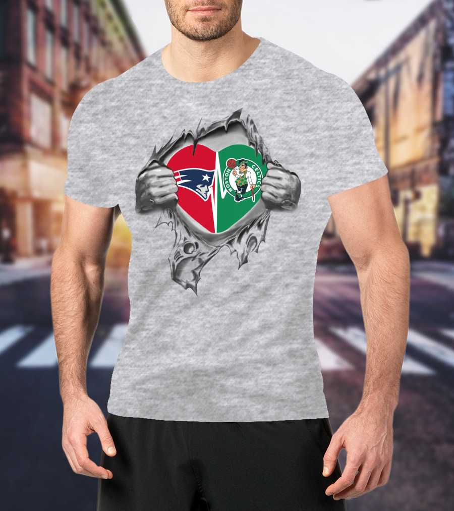 Patriots And Celtics Heart Symbol Pulled Open By Hands T-Shirt
