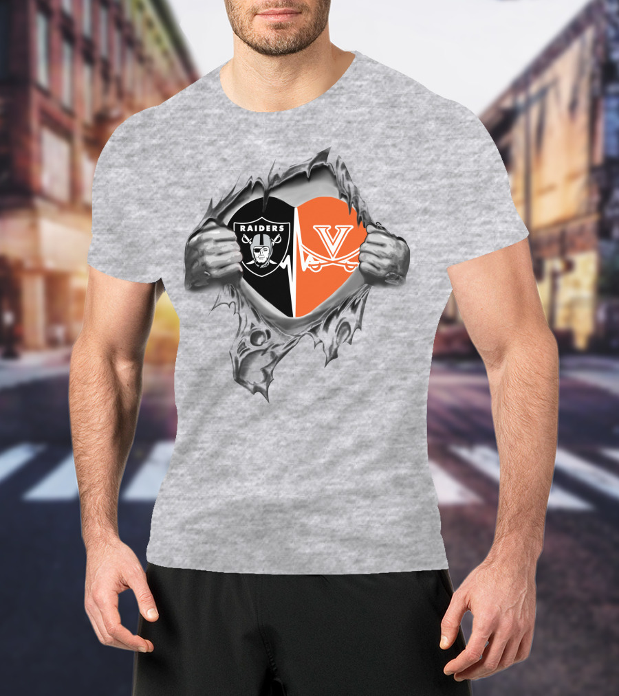 Raiders Cavaliers Heartbeat Loyalty Fan Raiders Logo Virginia Cavaliers Heart T-Shirt