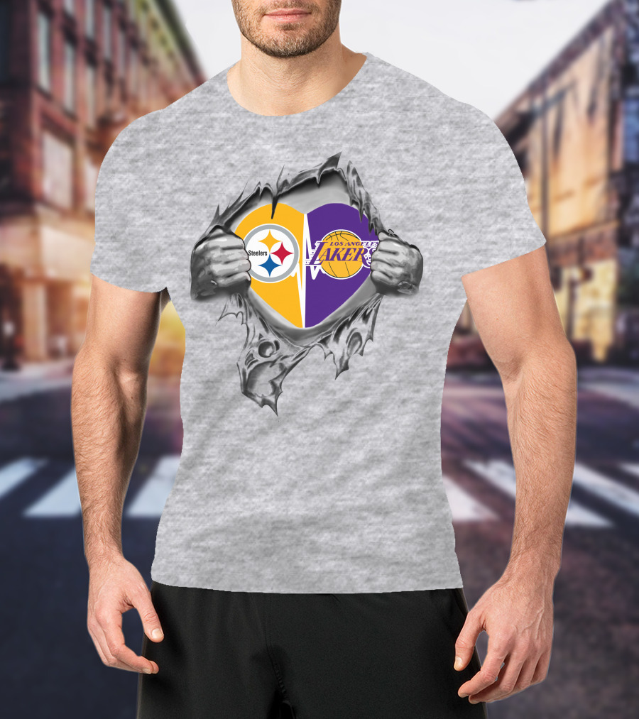 Pittsburgh Steelers Los Angeles Lakers Heart Logo Fusion T-Shirt