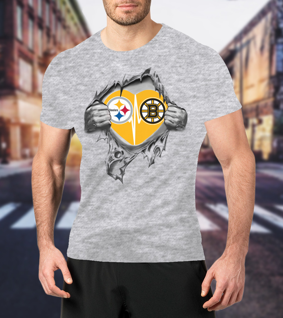 Steelers Bruins Heart Torn Open With Logos T-Shirt