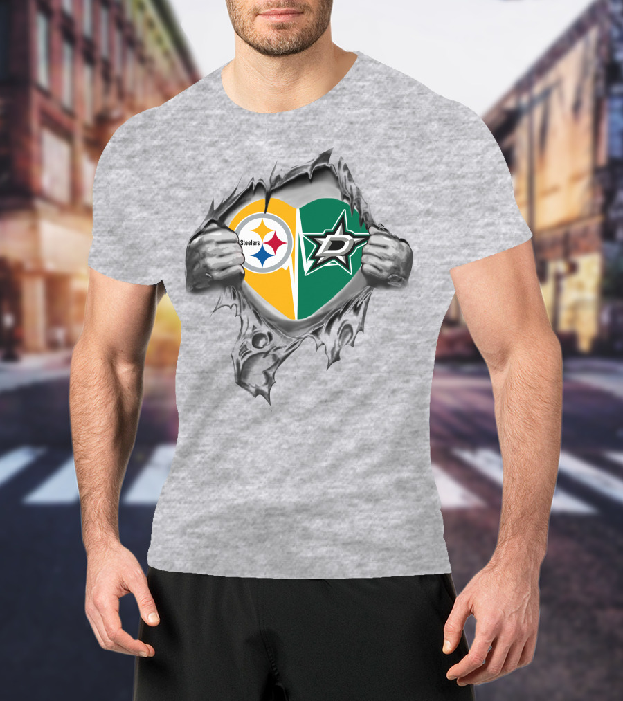 Steelers Dallas Stars Heart Symbol Logo Fusion T-Shirt