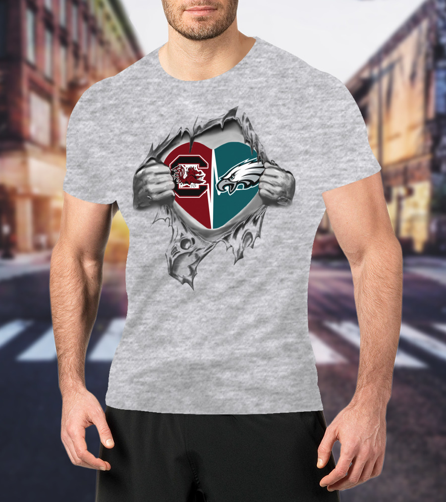 Eagles Gamecocks Heart Logo With Split Design And Hand Rip Effect T-Shirt