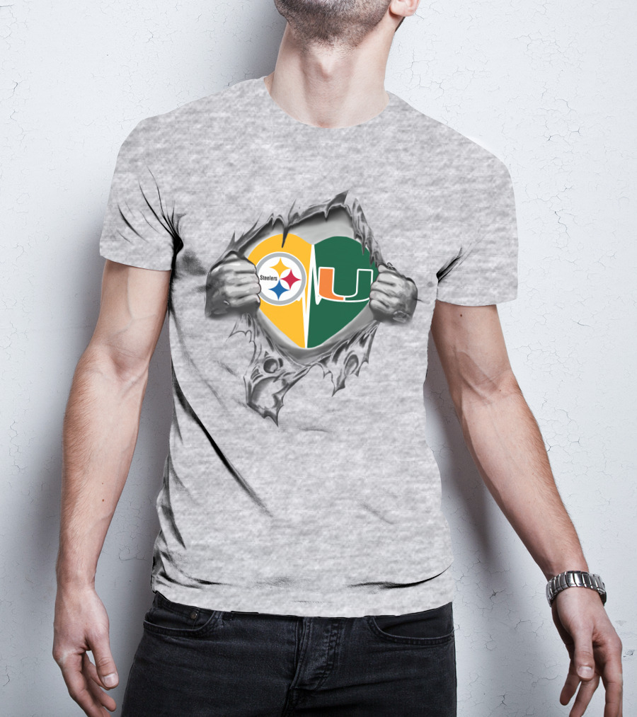 Steelers Hurricanes Heartbeat Fusion Logo Burst T-Shirt