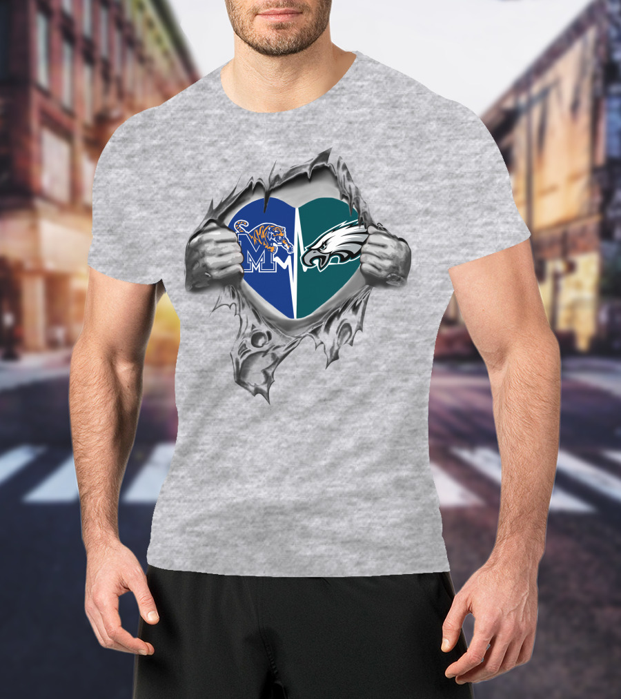 Eagles Memphis Tigers Heart Logos Together T-Shirt