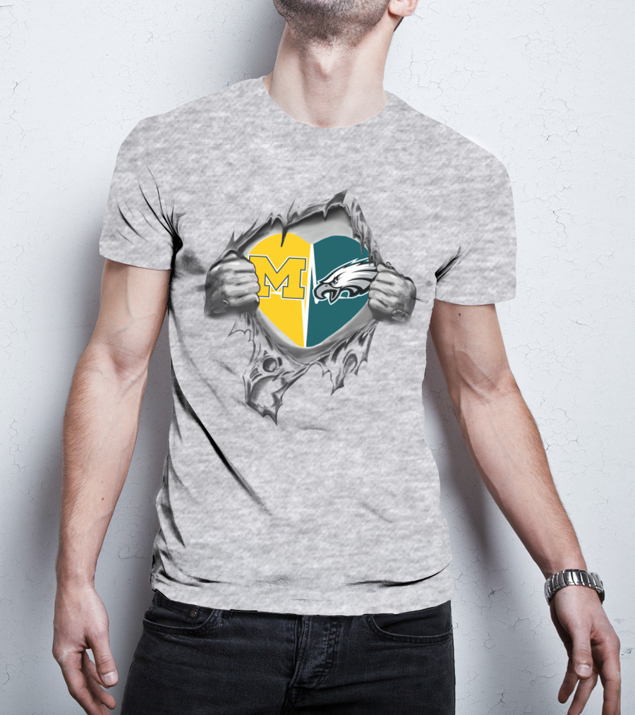 Michigan And Philadelphia Eagles Heart Unity T-Shirt