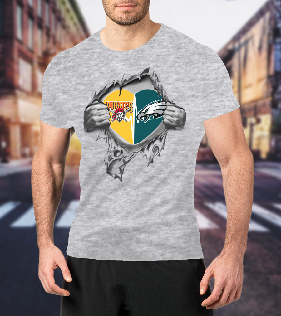 Pirates Eagles Heart Torn Grey T-Shirt