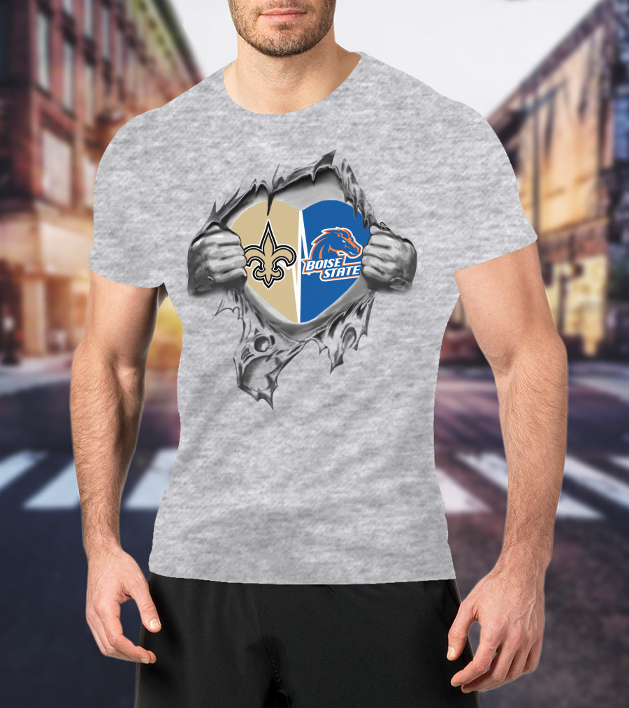 Boise State Broncos And Saints Heart Emblem Burst T-Shirt