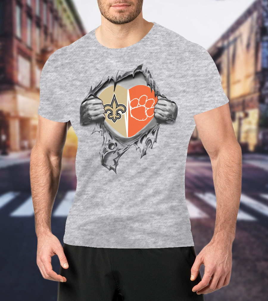 Saints Clemson Tigers Heart Design Football T-Shirt