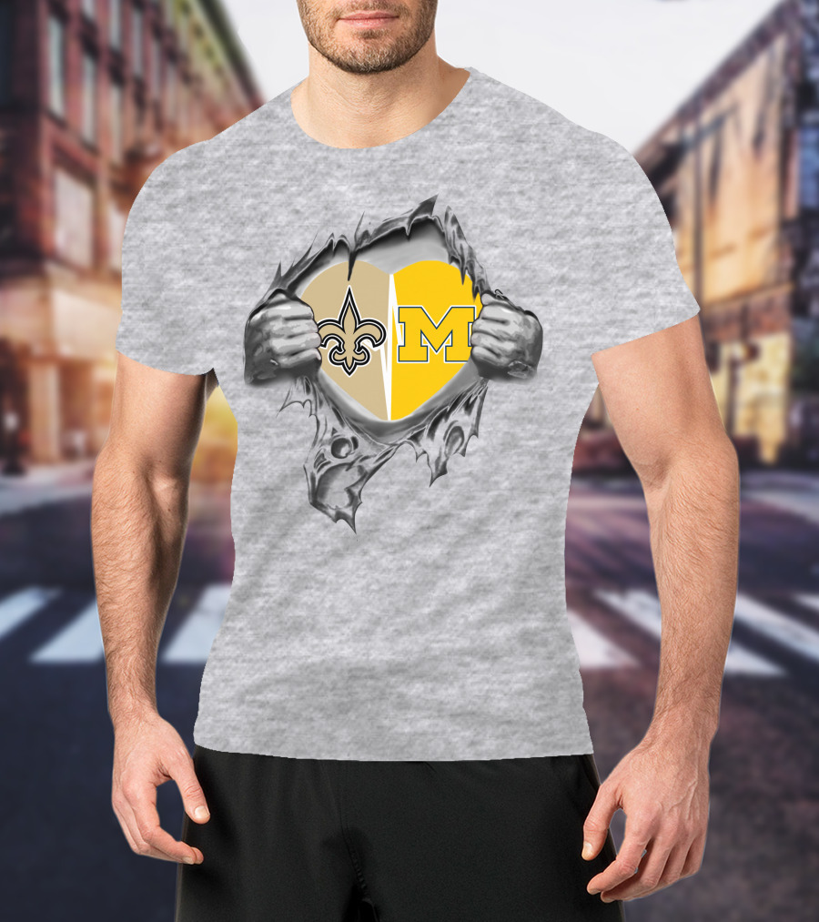 Saints And Michigan Heart Symbol With Fleur-de-lis And Block M T-Shirt
