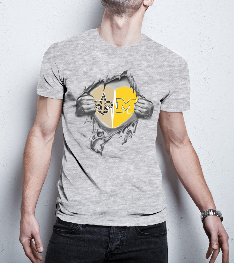 Saints And Michigan Heart Symbol With Fleur-de-lis And Block M T-Shirt