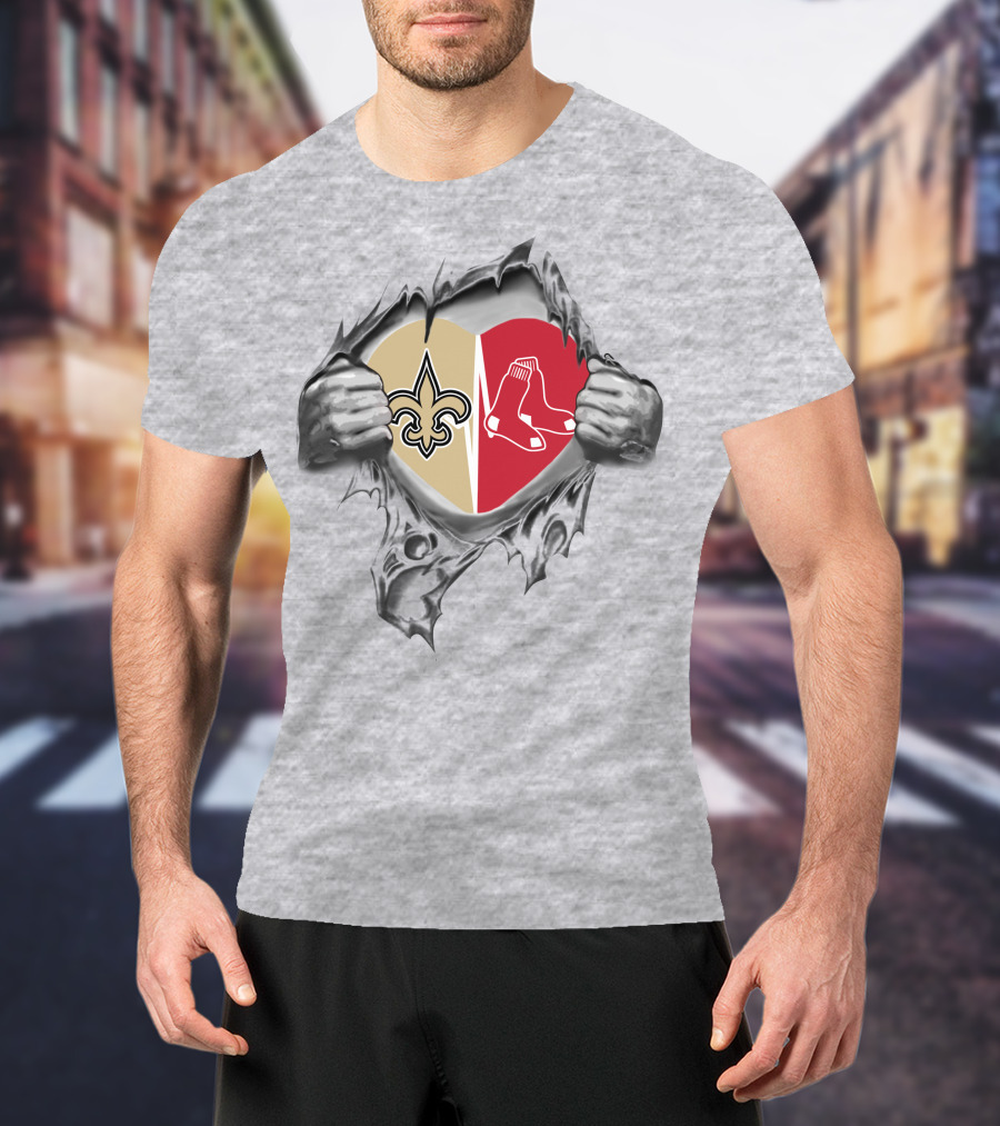 Saints Redsox Heart Design Featuring Iconic Fleur-de-Lis And Red Socks T-Shirt