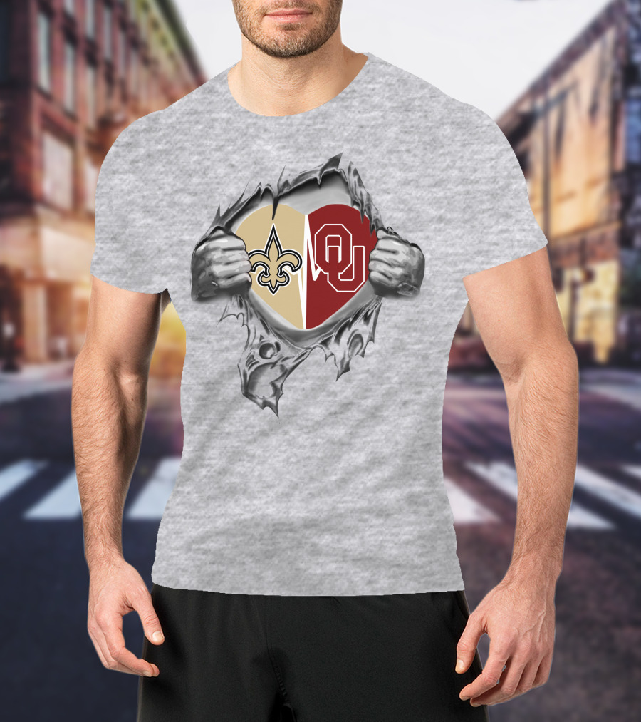 Saints Sooners Heart Torn Open Fleur-de-Lis OU T-Shirt