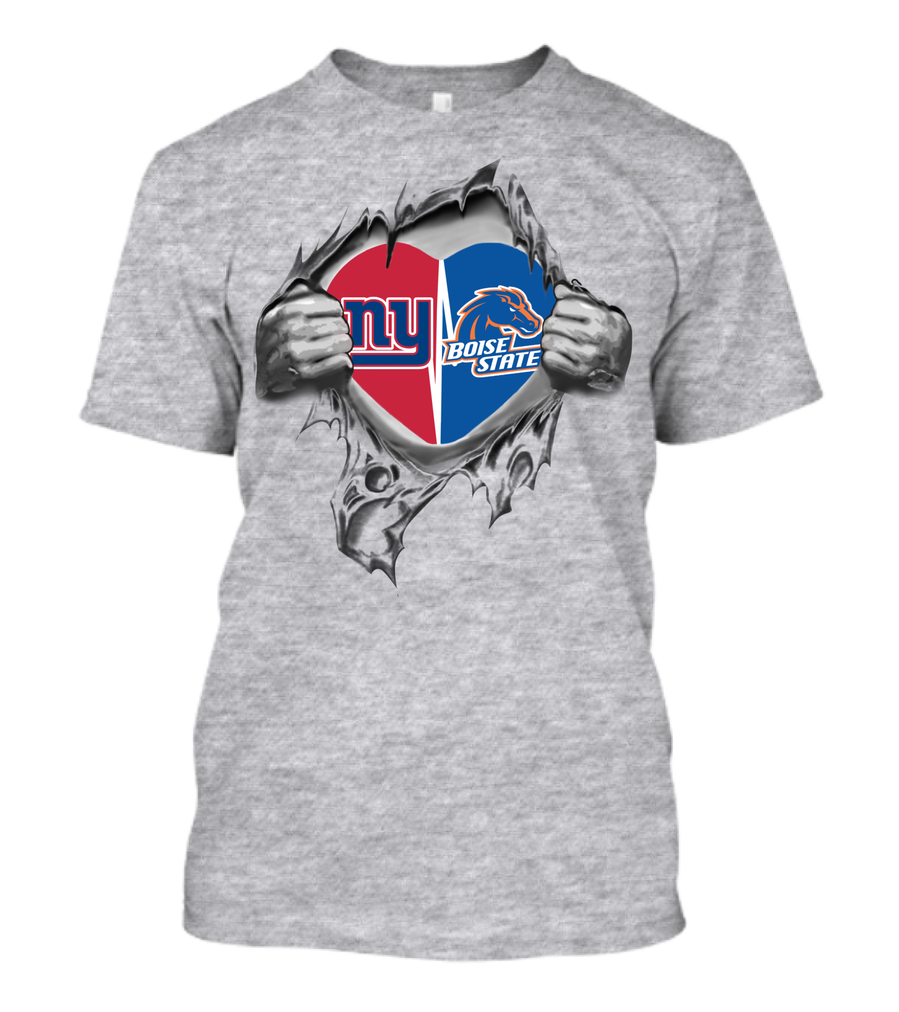 Giants Boise State Heart Combined Logos Torn Reveal T-Shirt