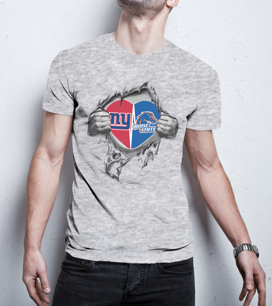 Giants Boise State Heart Combined Logos Torn Reveal T-Shirt