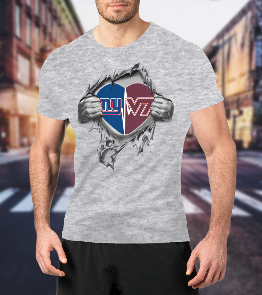 Giants Hokies Heart With NY Giants And Virginia Tech Hokies T-Shirt
