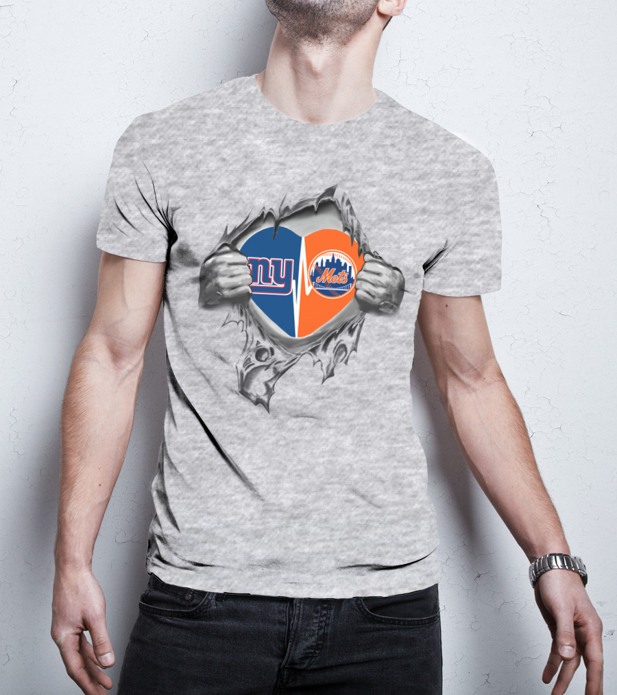 Giants Mets Heart Emblem Ripped Hands Logo Nfl Mlb Fan T-Shirt