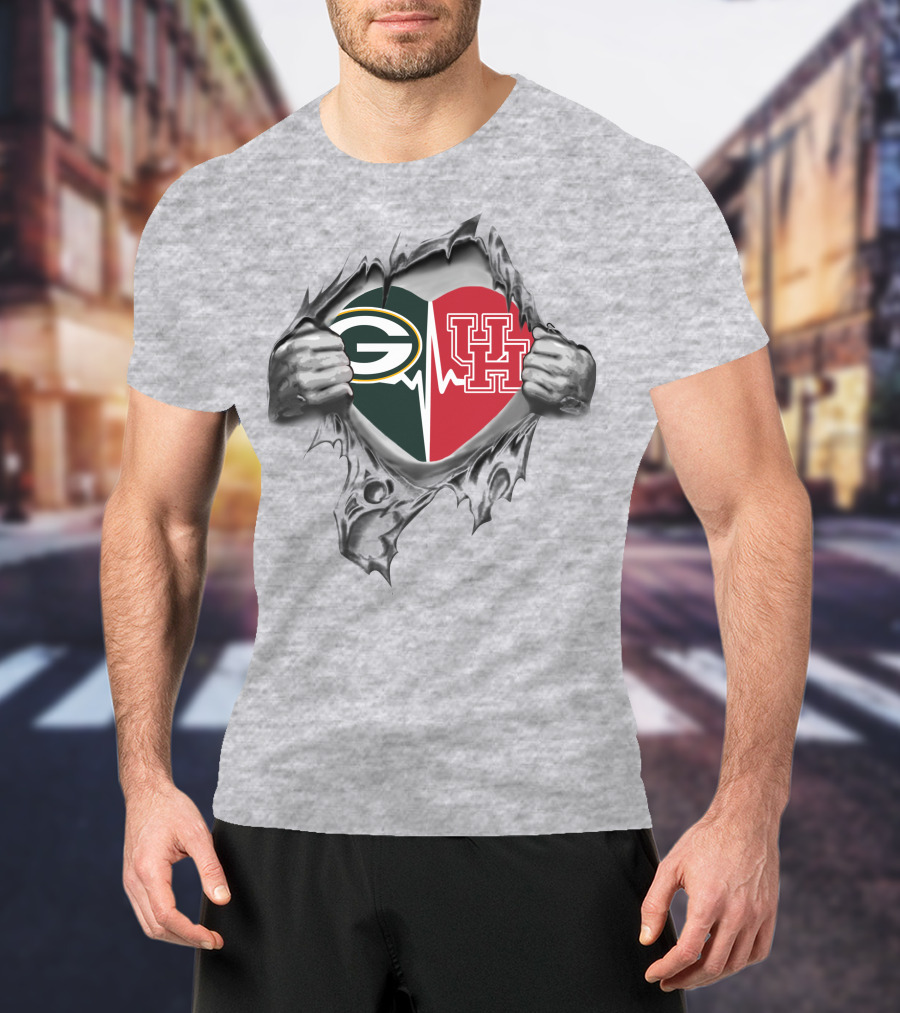 Green Bay Packers Houston Cougars Heartbeat Ripped T-Shirt