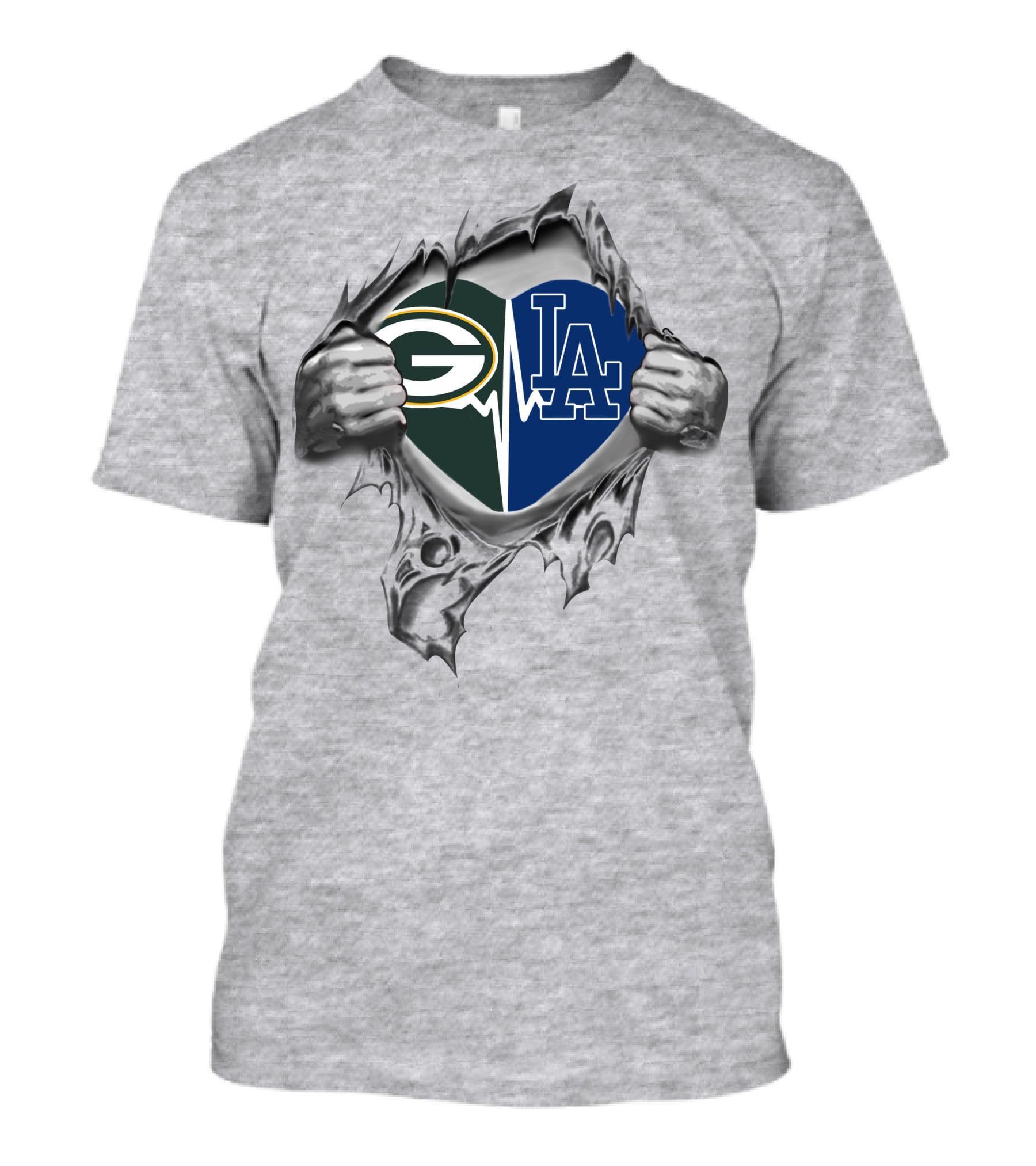Green Bay Packers Heart Los Angeles Dodgers Heart Logo NFL MLB Fan Mascot T-Shirt