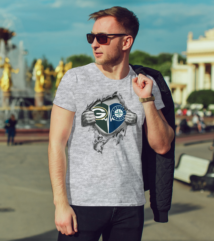 Green Bay Packers Seattle Mariners Heart Torn Fabric T-Shirt
