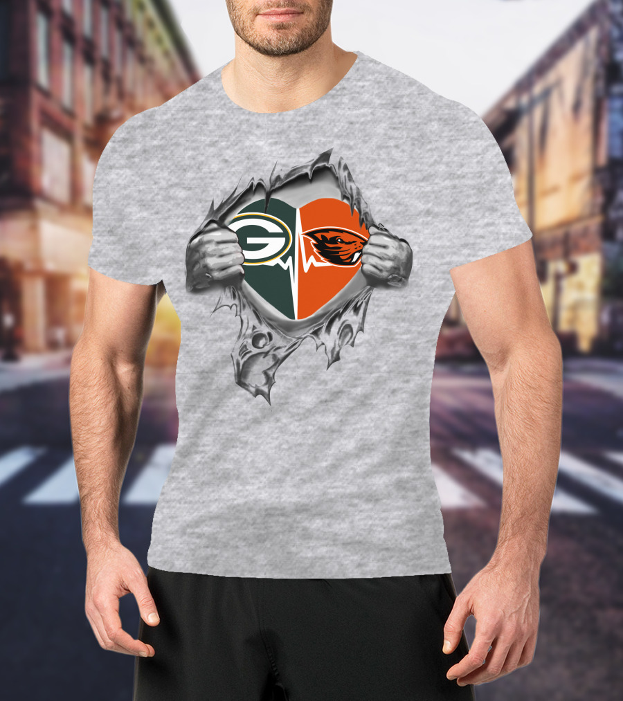 Green Bay Packers Oregon State Heart Logo With Hands T-Shirt