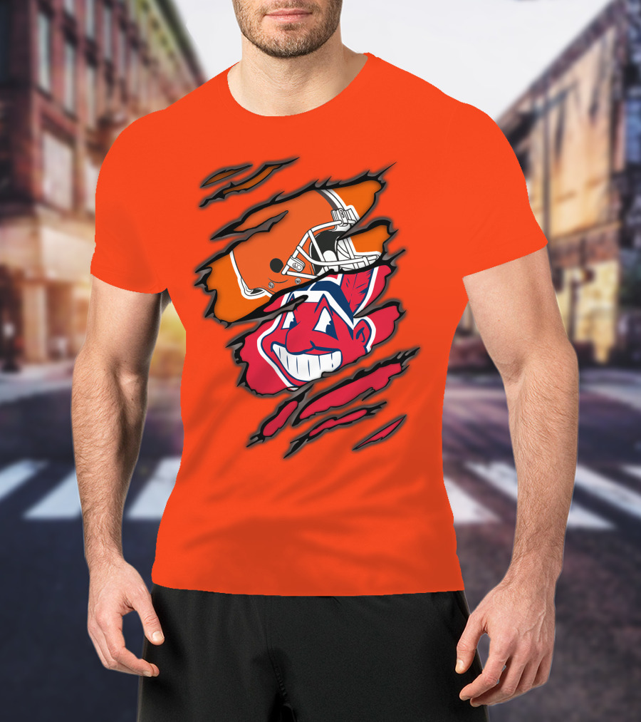 Cleveland Browns Helmet Retro Indians Chief Wahoo Claw Marks Logo Combination T-Shirt