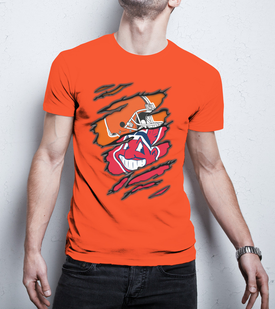 Cleveland Browns Helmet Retro Indians Chief Wahoo Claw Marks Logo Combination T-Shirt