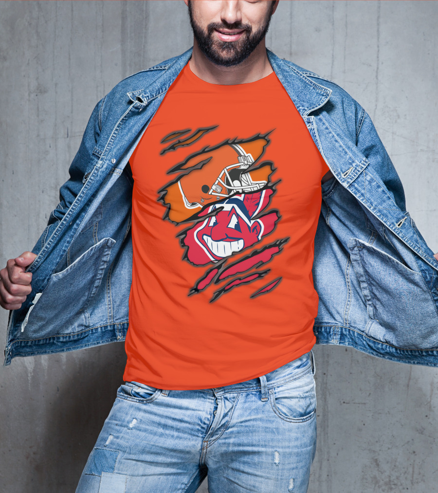 Cleveland Browns Helmet Retro Indians Chief Wahoo Claw Marks Logo Combination T-Shirt