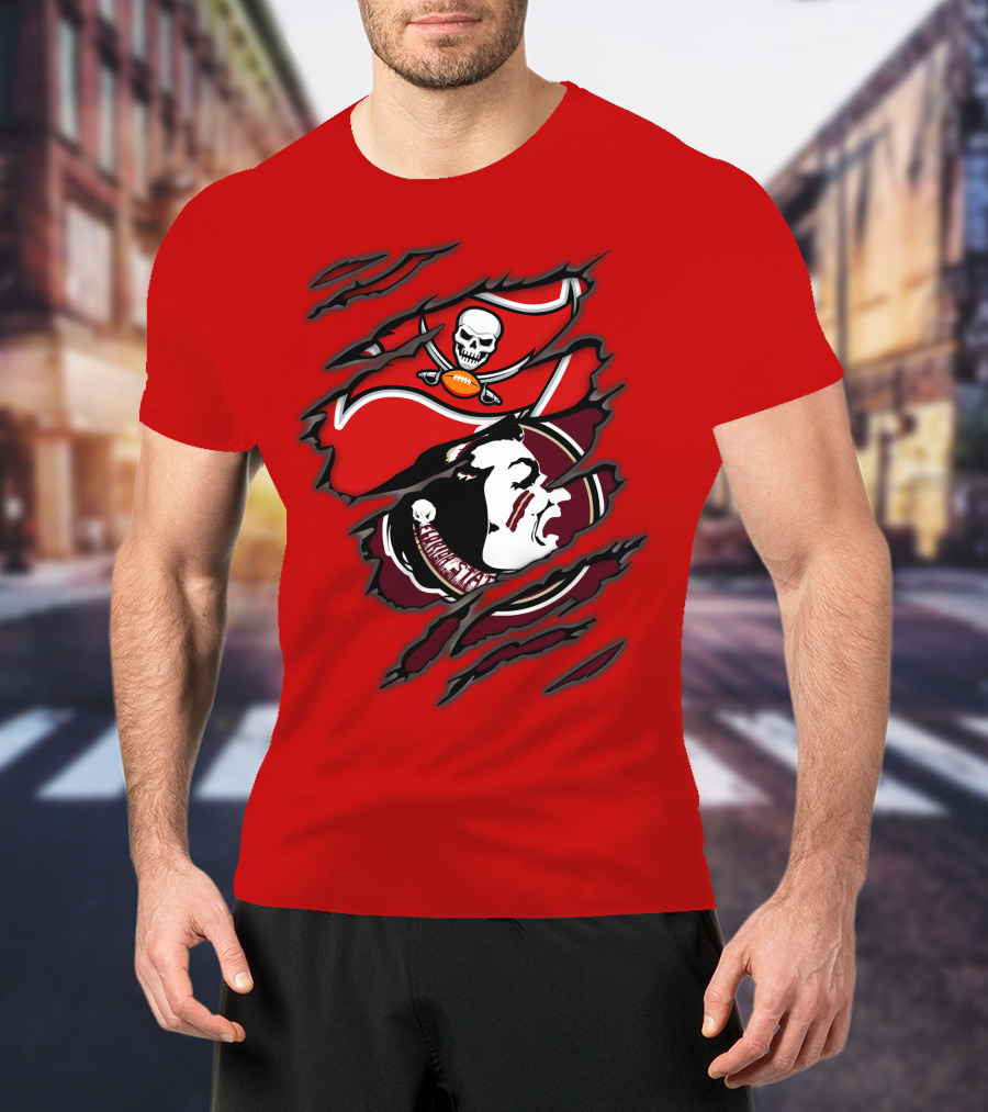 Buccaneers Seminoles Skull And Tomahawk Football Fusion T-Shirt