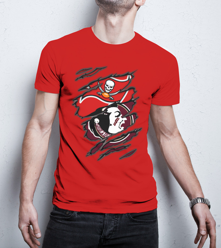 Buccaneers Seminoles Skull And Tomahawk Football Fusion T-Shirt