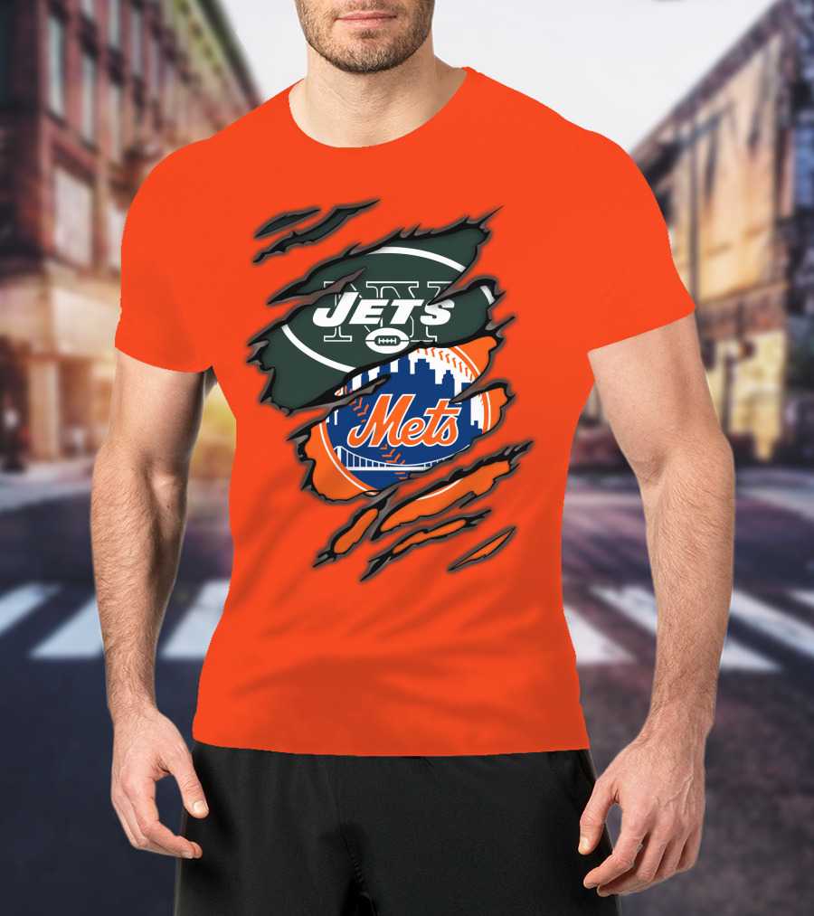 Jets Mets Nfl Mlb Ripped Logo Fusion T-Shirt