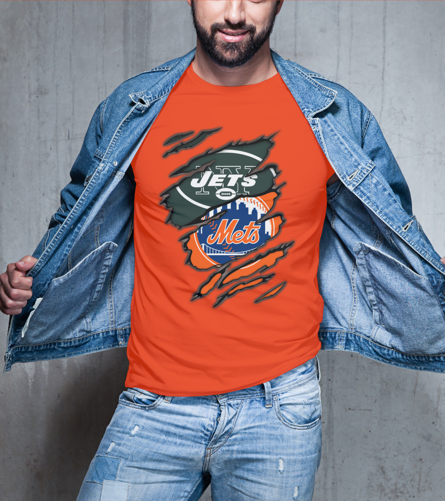 Jets Mets Nfl Mlb Ripped Logo Fusion T-Shirt