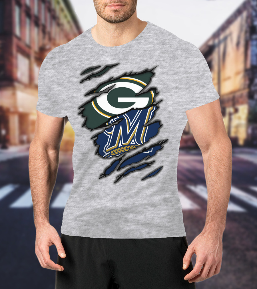 Green Bay Packers Milwaukee Brewers Logos Torn Claw Marks T-Shirt