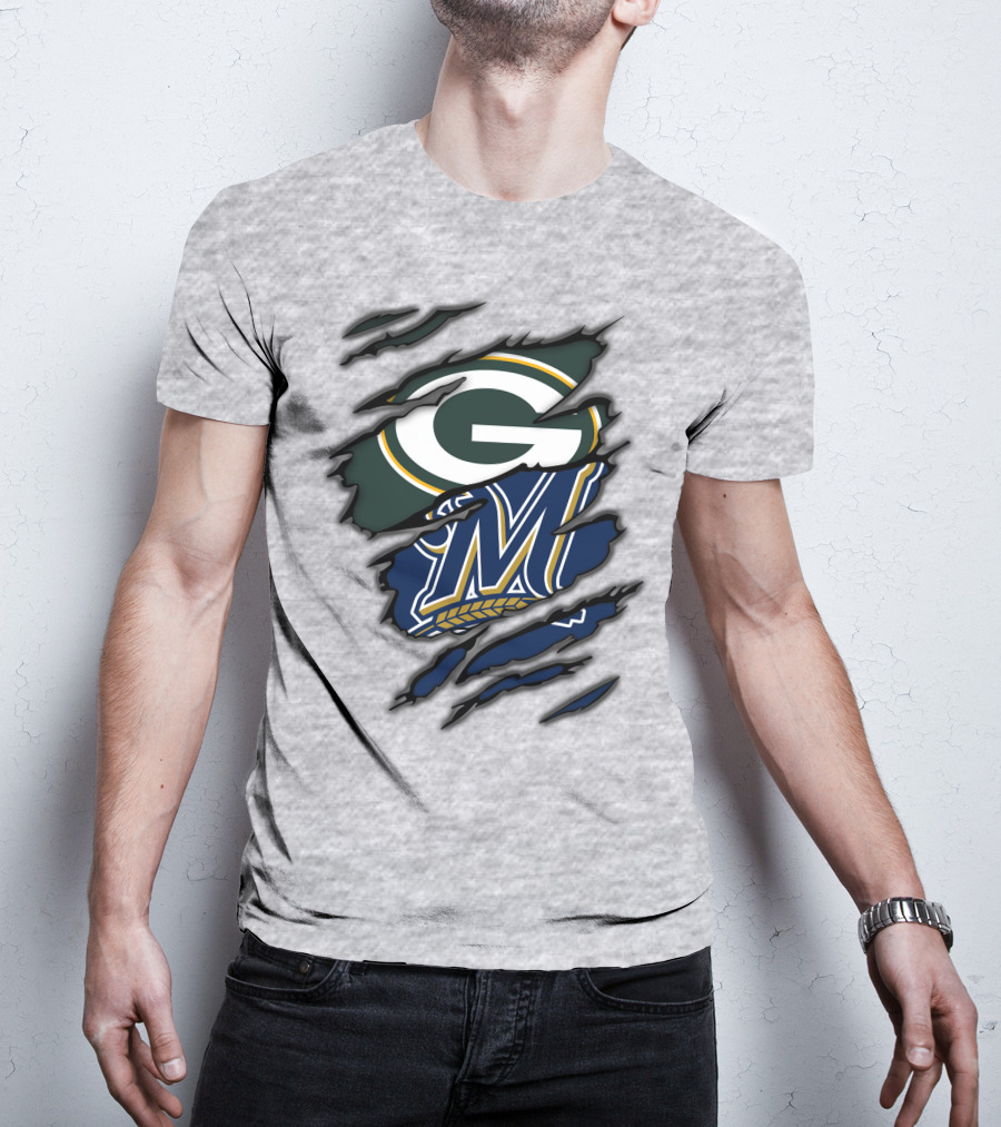 Green Bay Packers Milwaukee Brewers Logos Torn Claw Marks T-Shirt