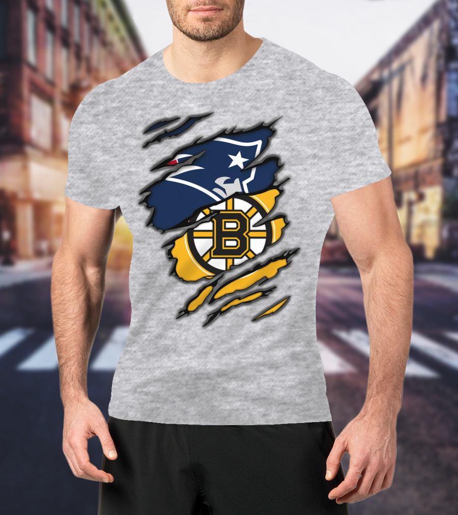 Patriots Bruins New England Football Boston Hockey Fan Collaboration T-Shirt