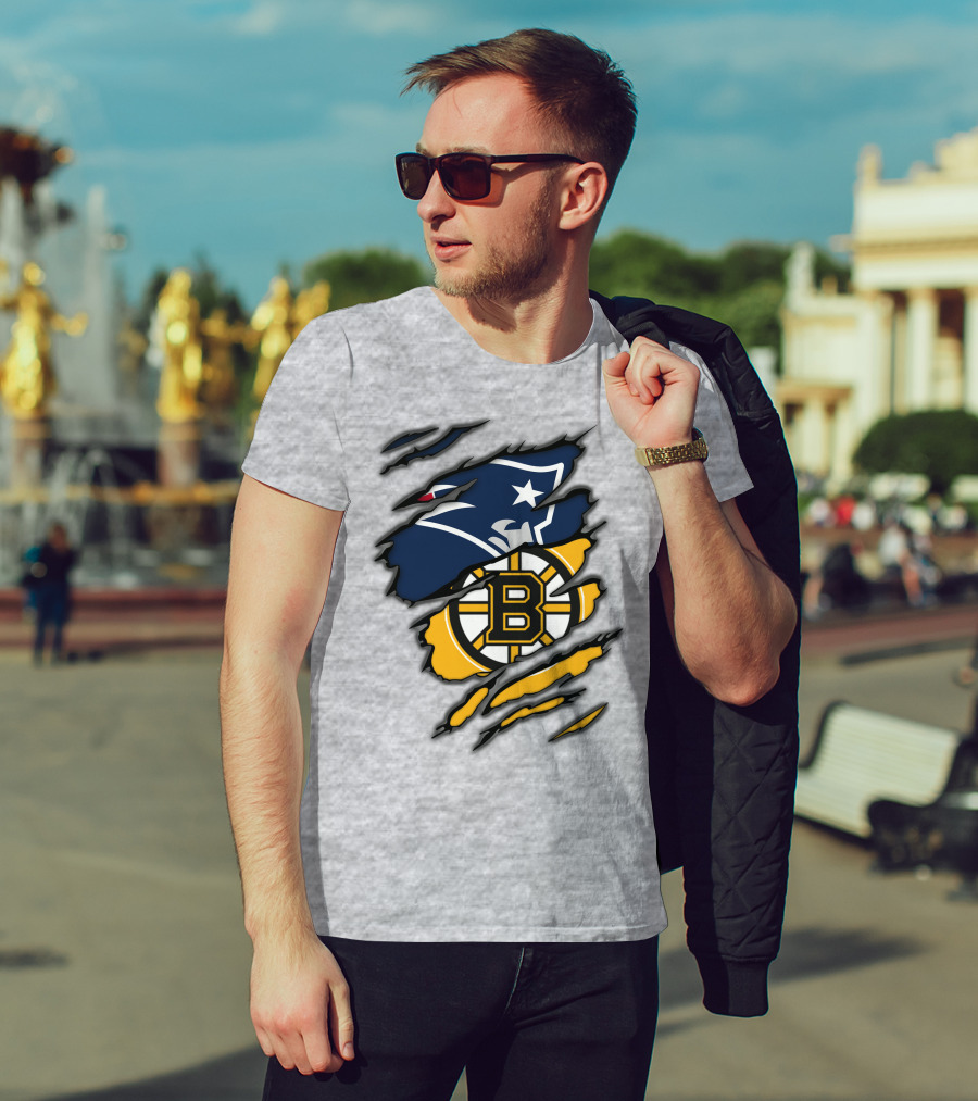 Patriots Bruins New England Football Boston Hockey Fan Collaboration T-Shirt