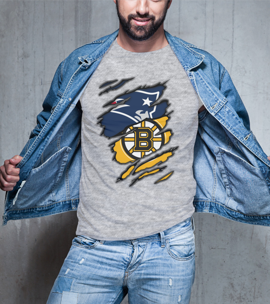 Patriots Bruins New England Football Boston Hockey Fan Collaboration T-Shirt