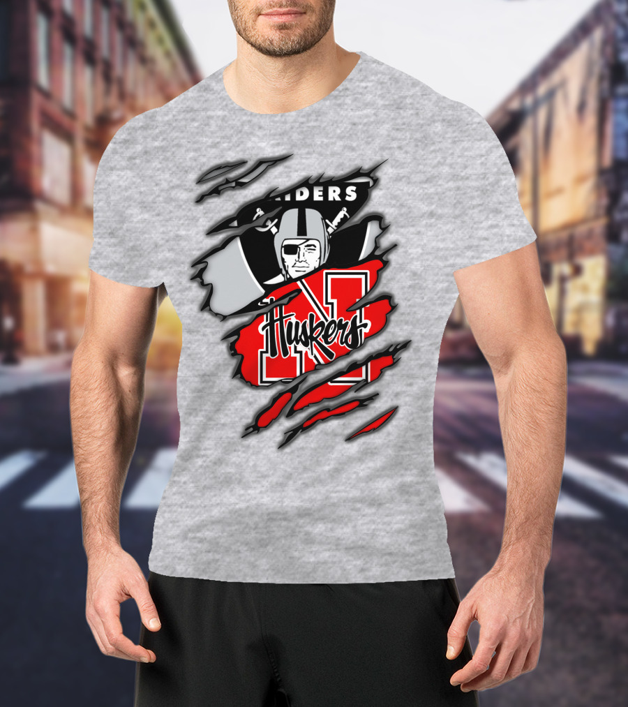 Raiders Huskers Torn Design With Icons And Symbols T-Shirt