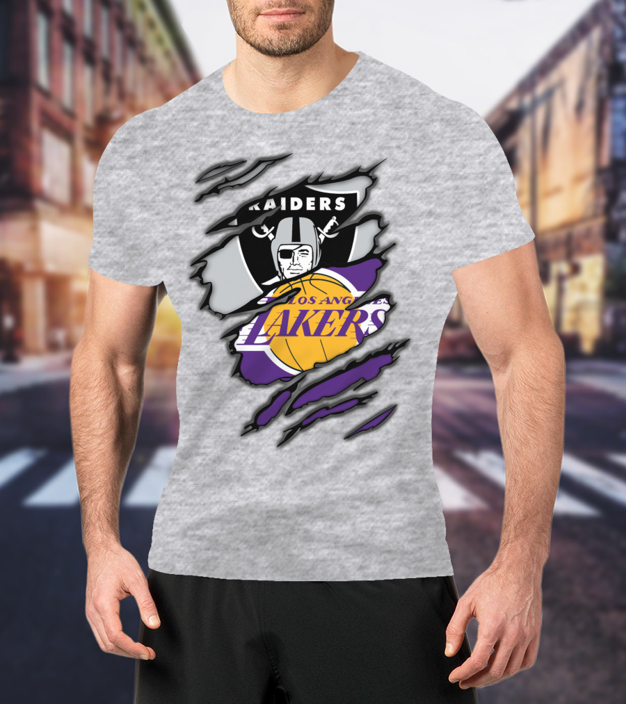 Raiders Los Angeles Lakers Basketball Football Fan Mashup T-Shirt