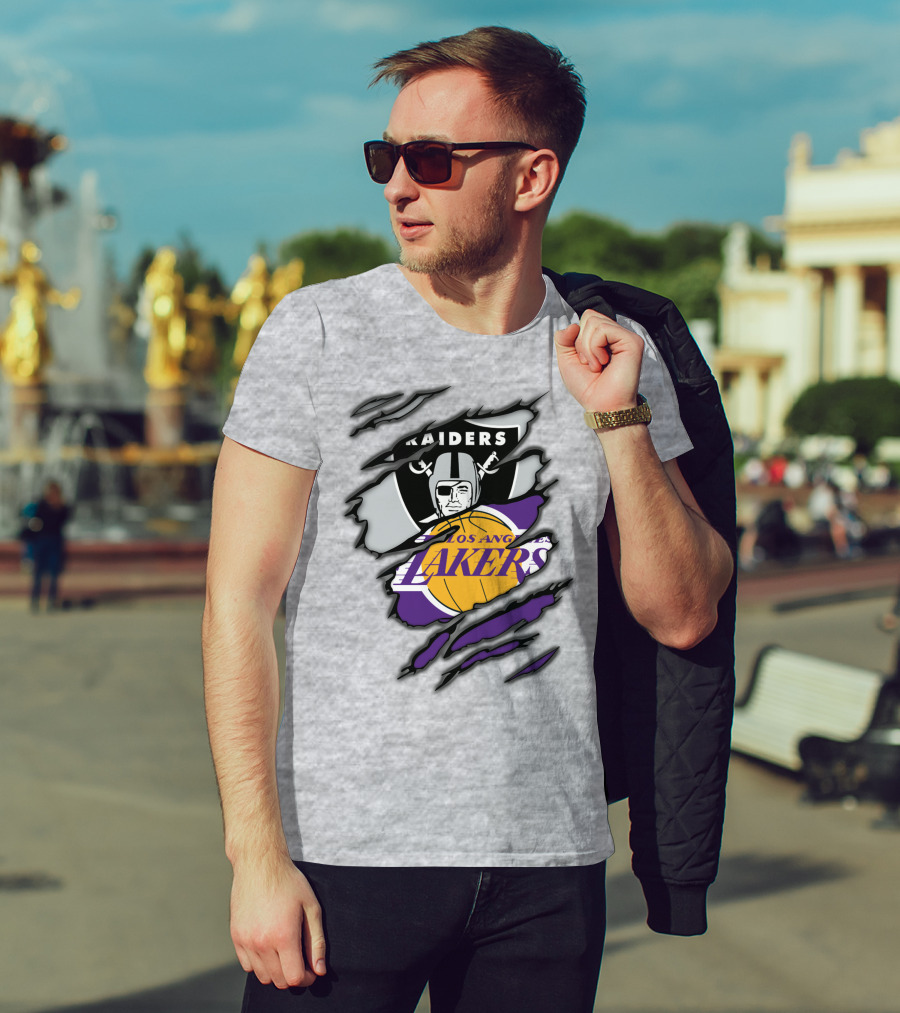 Raiders Los Angeles Lakers Basketball Football Fan Mashup T-Shirt