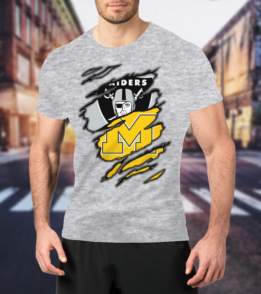 Raiders Logo With Michigan Block M Torn Overlay T-Shirt