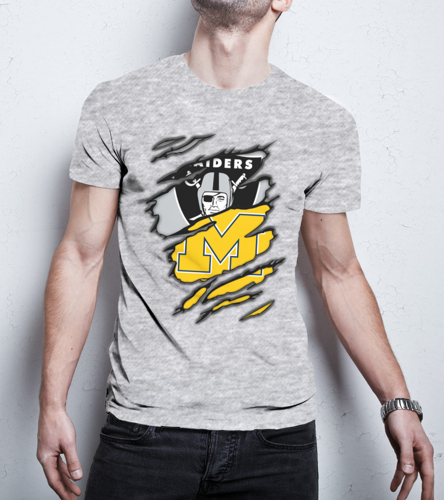Raiders Logo With Michigan Block M Torn Overlay T-Shirt