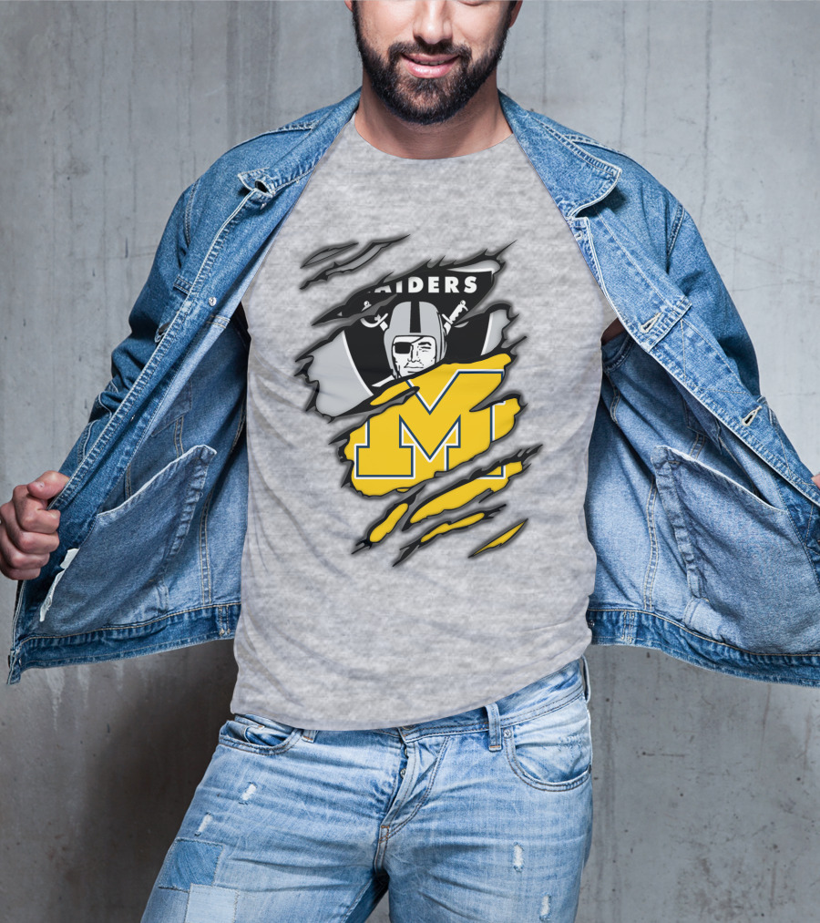 Raiders Logo With Michigan Block M Torn Overlay T-Shirt